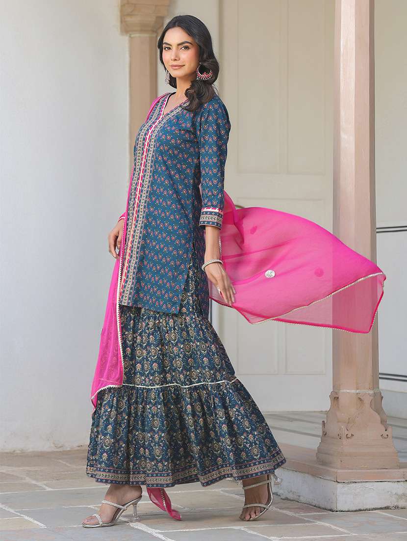 women printed three quarter sleeve kurta sharara with dupatta set - 22156228 -  Standard Image - 3