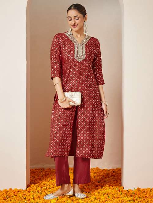women embroidered three quarter sleeve kurta pant set - 22156232 -  Standard Image - 0