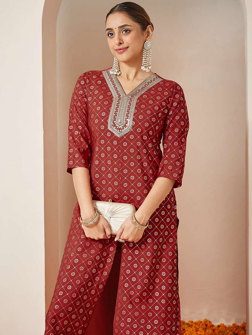women embroidered three quarter sleeve kurta pant set - 22156232 - Standard Image - 5