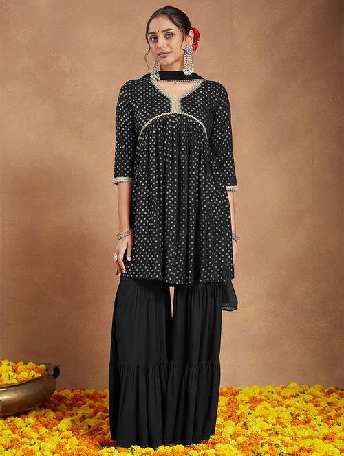 women foil printed three quarter sleeve kurta sharara with dupatta set - 22156243 -  Standard Image - 0