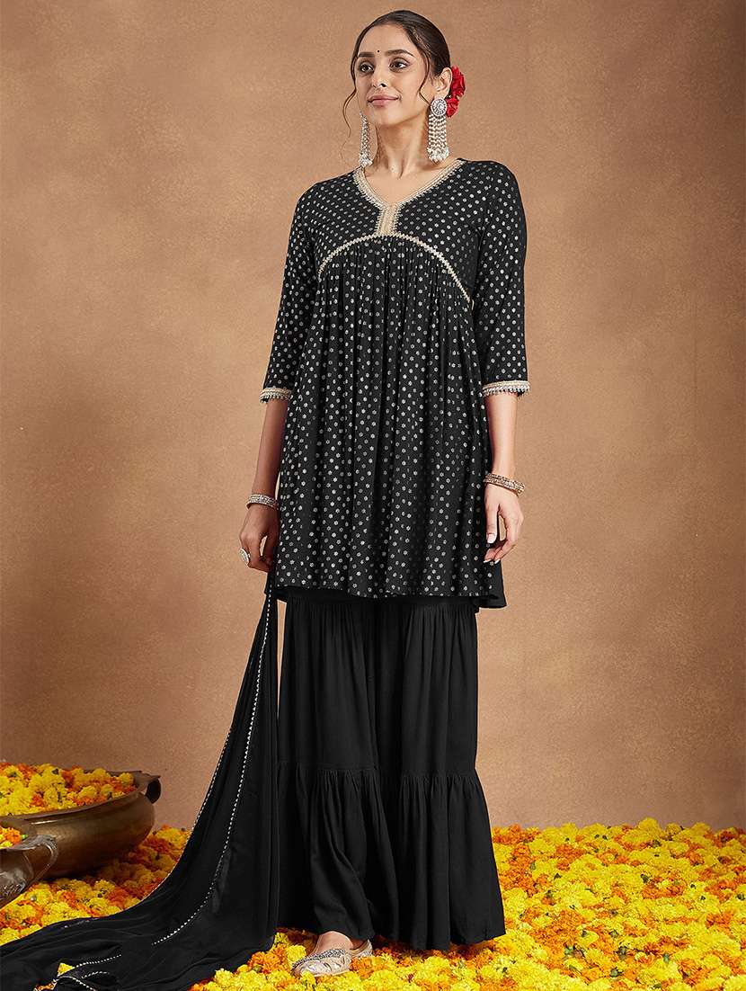 women foil printed three quarter sleeve kurta sharara with dupatta set - 22156243 -  Standard Image - 3