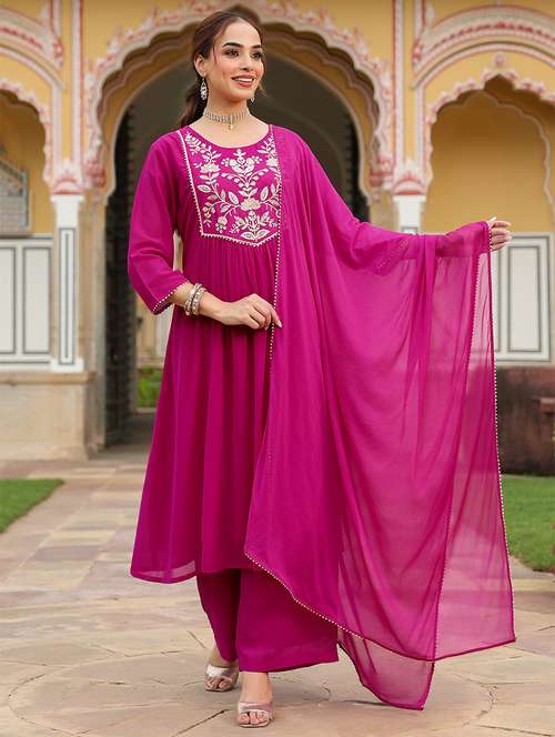 women embroidered three quarter sleeve kurta palazzo with dupatta set - 22156244 -  Standard Image - 0