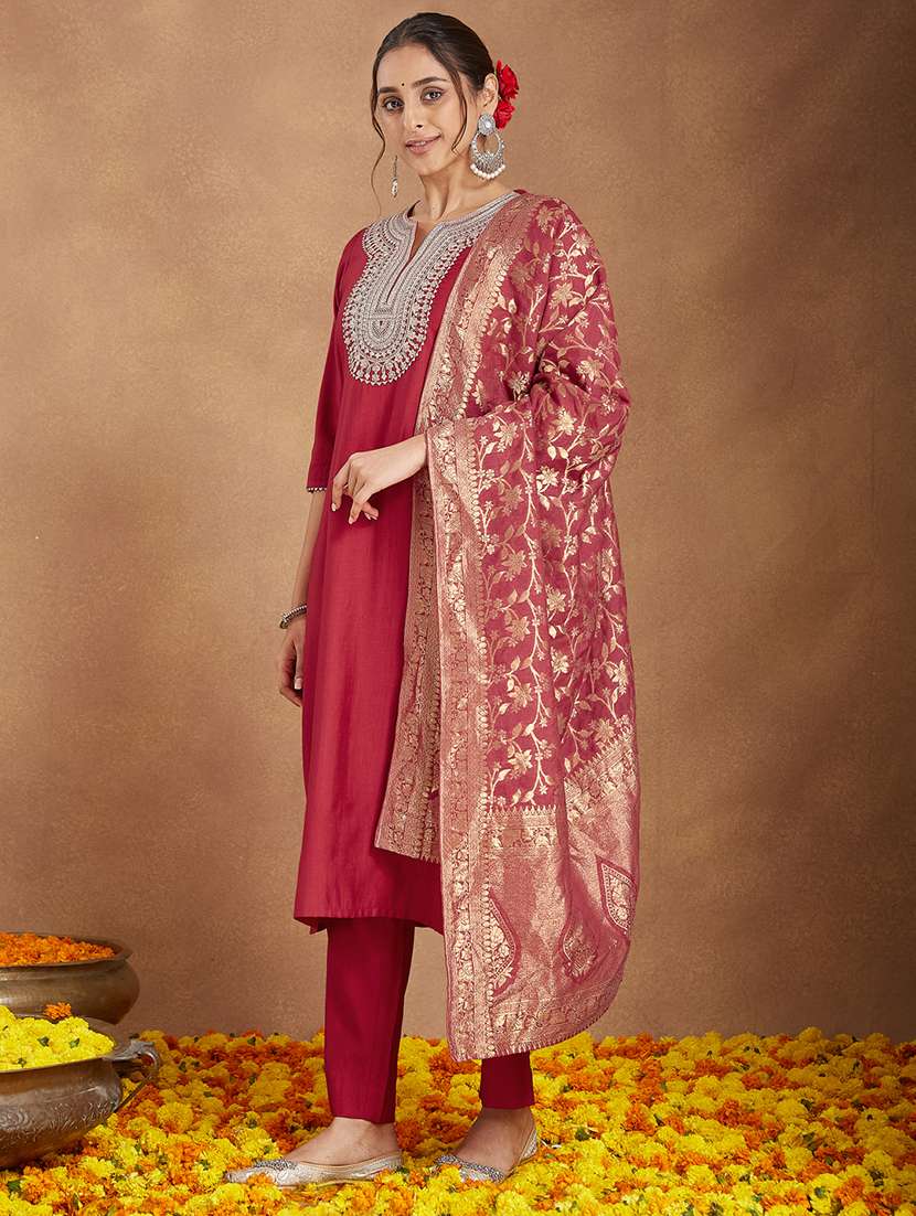 women embroidered three quarter sleeve kurta pant with dupatta set - 22156247 -  Standard Image - 3