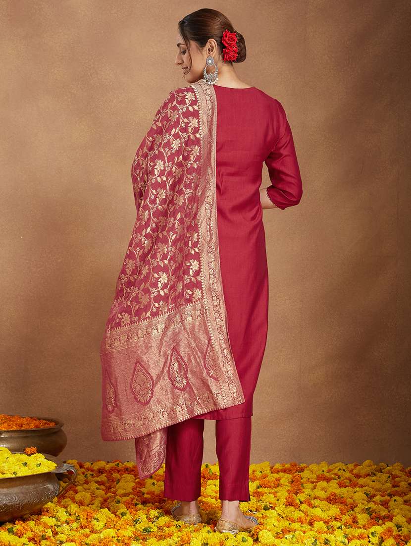 women embroidered three quarter sleeve kurta pant with dupatta set - 22156247 -  Standard Image - 5