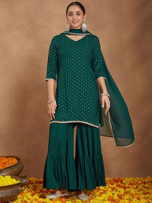 women foil printed three quarter sleeve kurta sharara with dupatta set - 22156250 -  Standard Image - 0