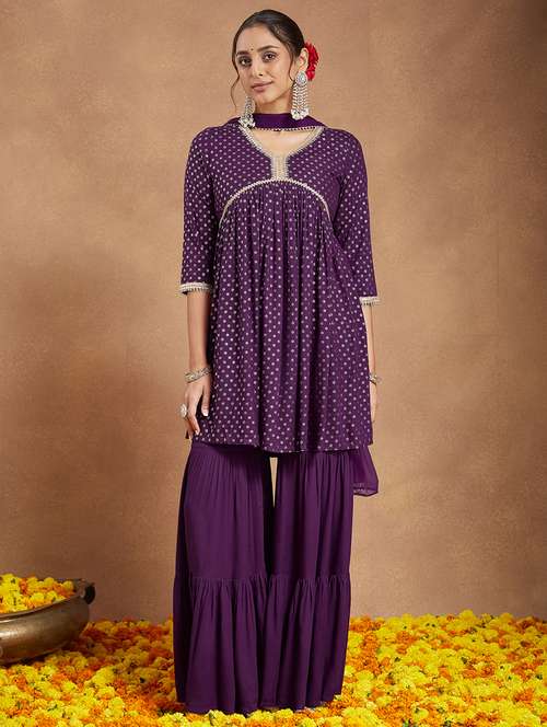 women foil printed three quarter sleeve kurta sharara with dupatta set - 22156251 -  Standard Image - 0