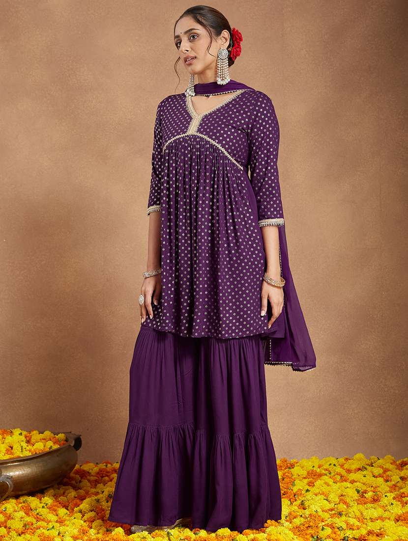 women foil printed three quarter sleeve kurta sharara with dupatta set - 22156251 -  Standard Image - 3