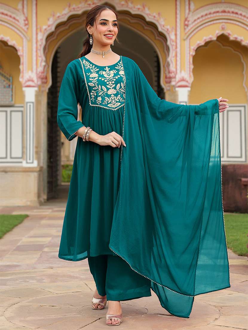 women embroidered three quarter sleeve kurta palazzo with dupatta set - 22156252 -  Zoom Image - 0
