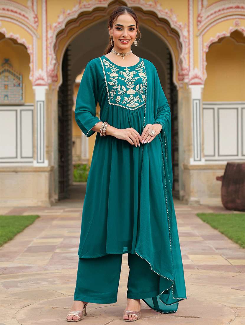women embroidered three quarter sleeve kurta palazzo with dupatta set - 22156252 -  Standard Image - 3