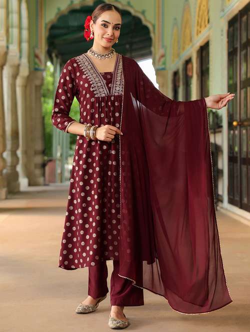 women embroidered three quarter sleeve kurta pant with dupatta set - 22156263 -  Standard Image - 0