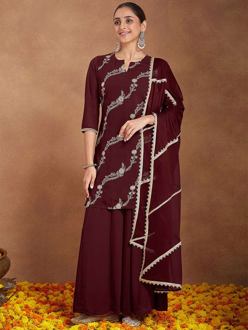 women embroidered three quarter sleeve kurta sharara with dupatta set - 22156266 - Zoom Image - 0