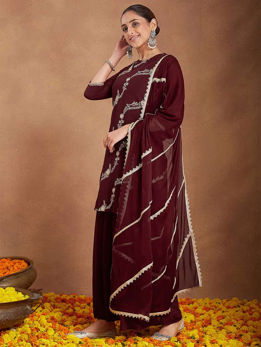 women embroidered three quarter sleeve kurta sharara with dupatta set - 22156266 - Standard Image - 3