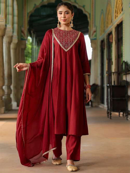 women embroidered three quarter sleeve kurta pant with dupatta set - 22156267 - Standard Image - 0