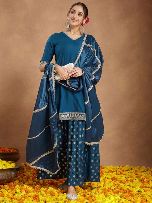 women embroidered elbow sleeve kurta sharara with dupatta set - 22156269 -  Standard Image - 0