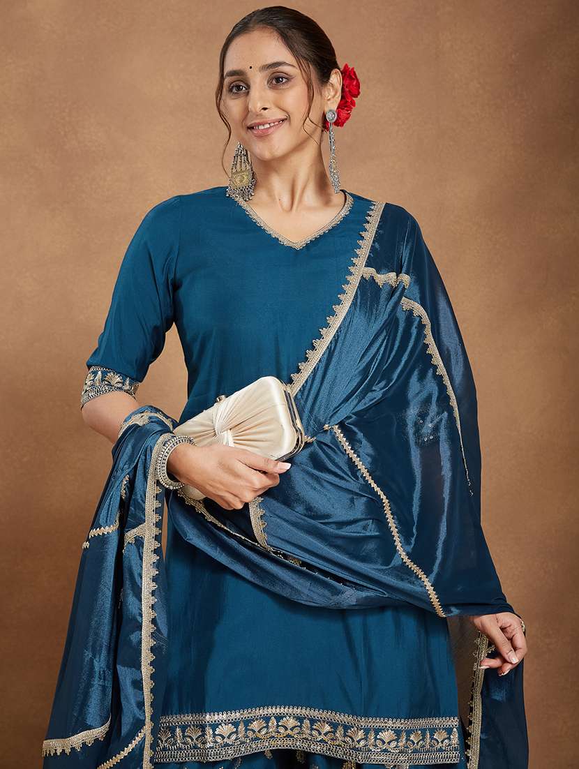 women embroidered elbow sleeve kurta sharara with dupatta set - 22156269 -  Standard Image - 5