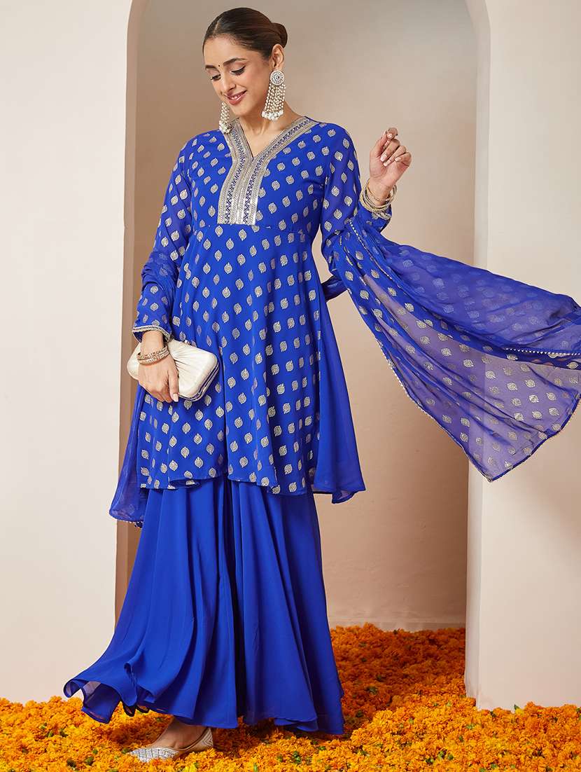 women embroidered long sleeve kurta sharara with dupatta set