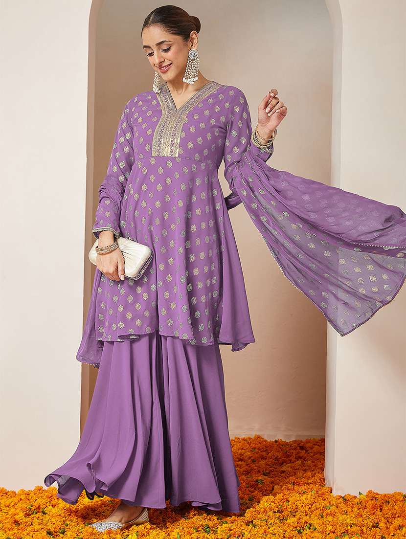 women embroidered long sleeve kurta sharara with dupatta set