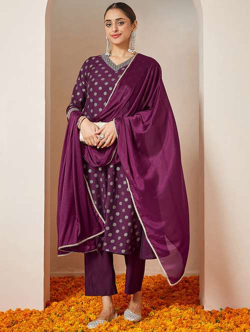women embroidered three quarter sleeve kurta pant with dupatta set - 22156272 -  Standard Image - 0