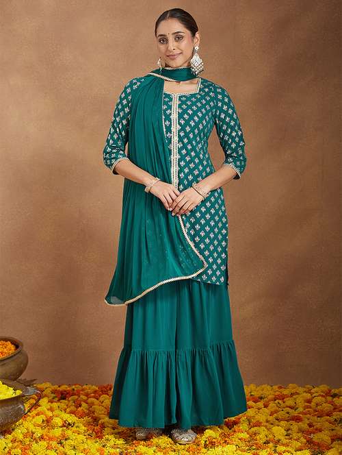 women foil printed three quarter sleeve kurta sharara with dupatta set - 22156276 -  Standard Image - 0