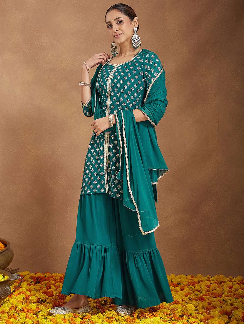 women foil printed three quarter sleeve kurta sharara with dupatta set - 22156276 -  Standard Image - 3