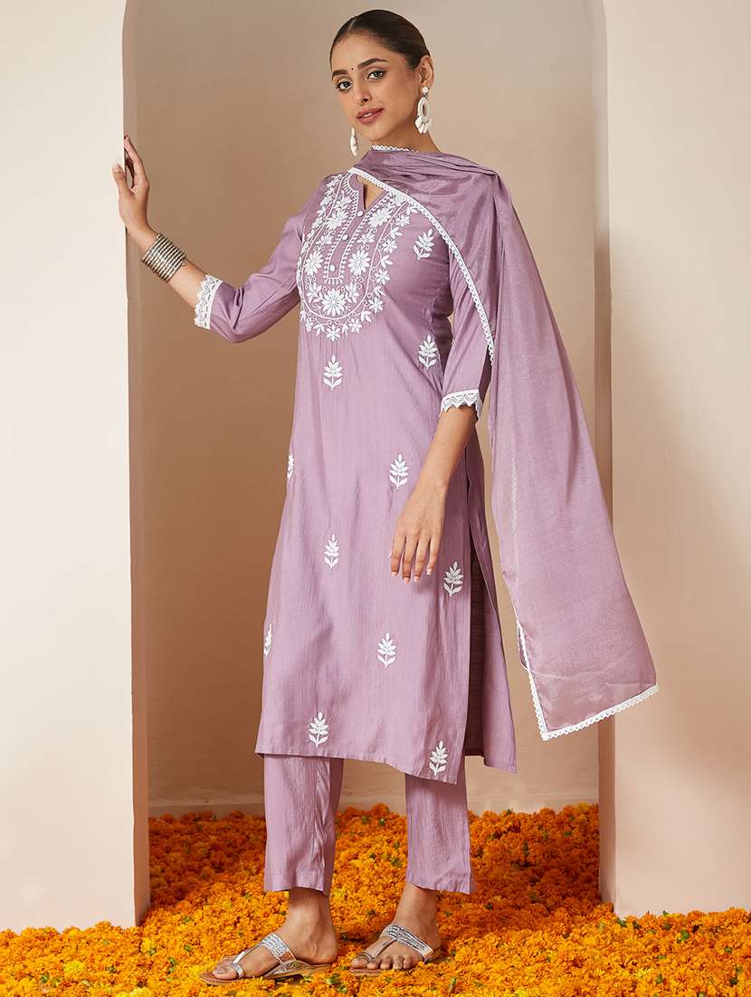 women embroidered three quarter sleeve kurta pant with dupatta set - 22156286 -  Standard Image - 3