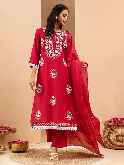 women embroidered three quarter sleeve kurta pant with dupatta set - 22156287 -  Standard Image - 0