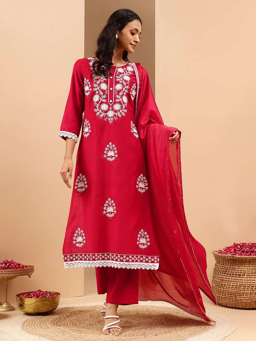 women embroidered three quarter sleeve kurta pant with dupatta set - 22156287 -  Zoom Image - 0