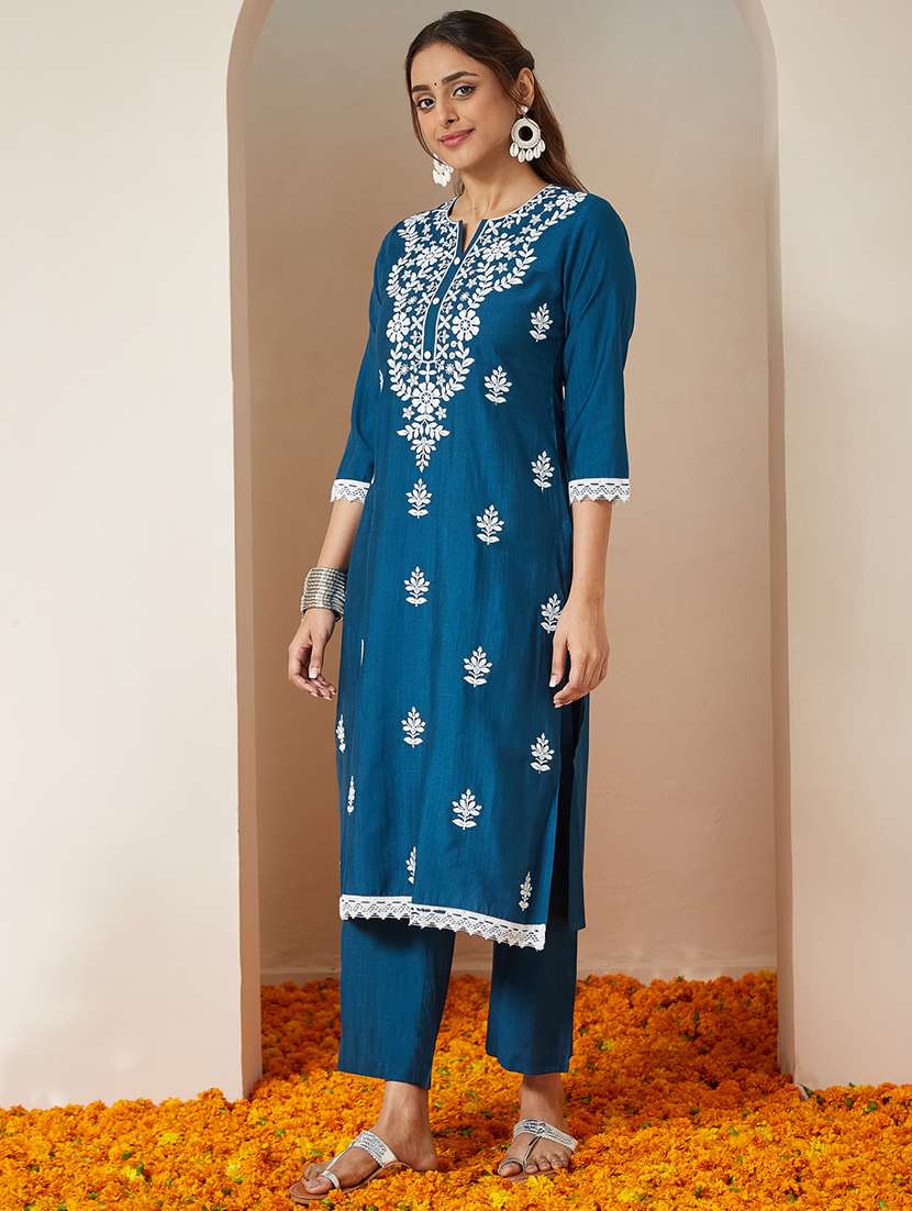 women embroidered three quarter sleeve kurta pant with dupatta set - 22156288 - Standard Image - 3
