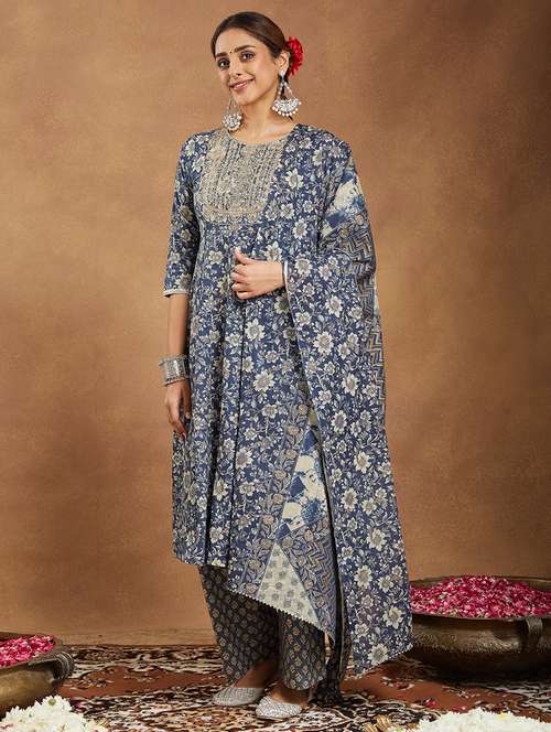 women embroidered three quarter sleeve kurta pant with dupatta set - 22156291 -  Standard Image - 0