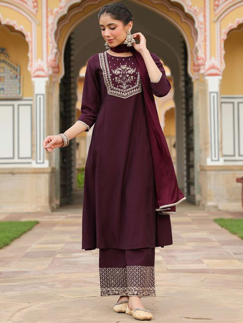 women embroidered three quarter sleeve kurta palazzo with dupatta set - 22156293 -  Standard Image - 3