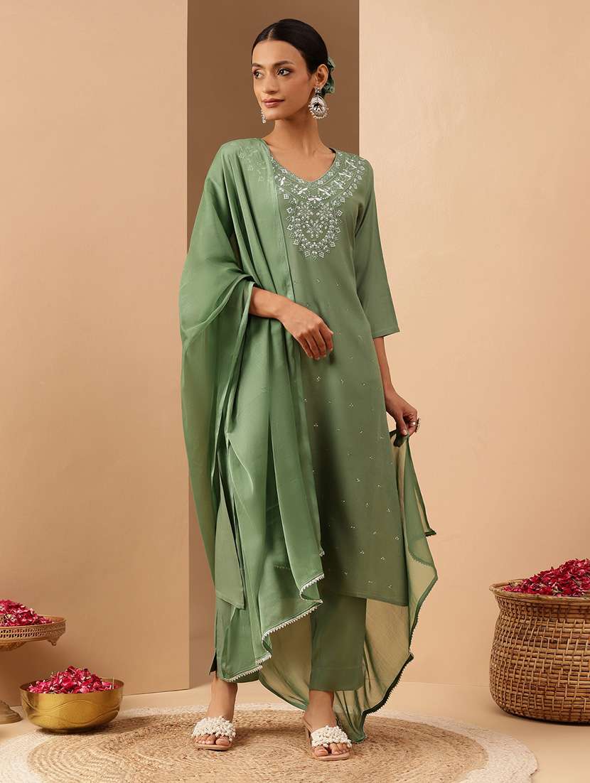 women embroidered three quarter sleeve kurta pant with dupatta set