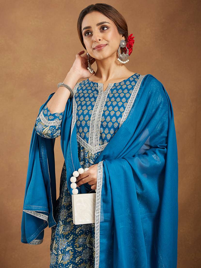 Women Floral Three Quarter Sleeve Kurta Pant With Dupatta Set - 22156297 -  Standard Image - 5