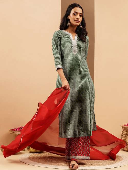 women leheriya three quarter sleeve kurta palazzo with dupatta set - 22156301 - Standard Image - 0