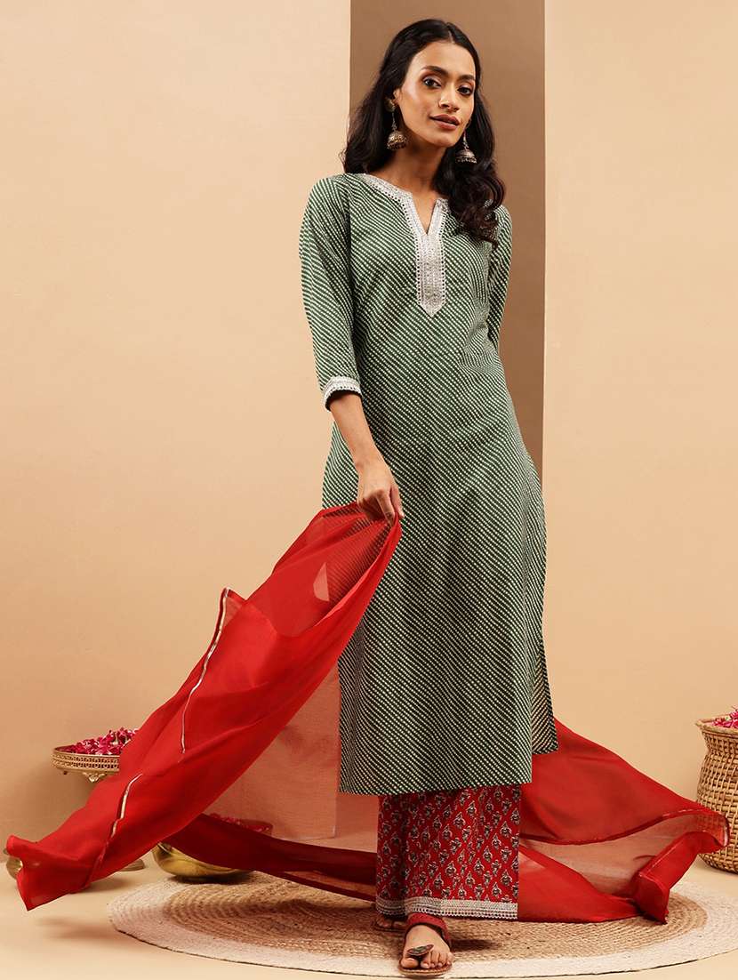 women leheriya three quarter sleeve kurta palazzo with dupatta set - 22156301 - Zoom Image - 0