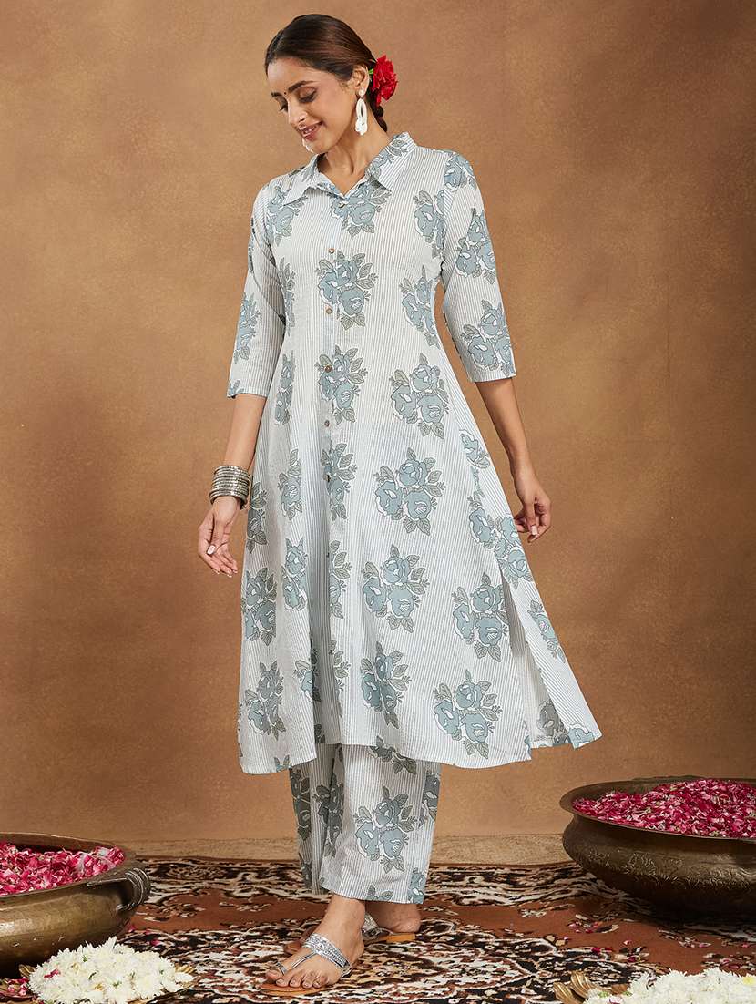 women floral three quarter sleeve kurta pant set - 22156316 -  Standard Image - 3