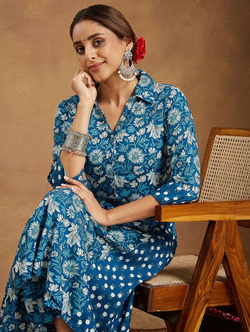 women floral three quarter sleeve kurta pant set - 22156317 -  Standard Image - 5