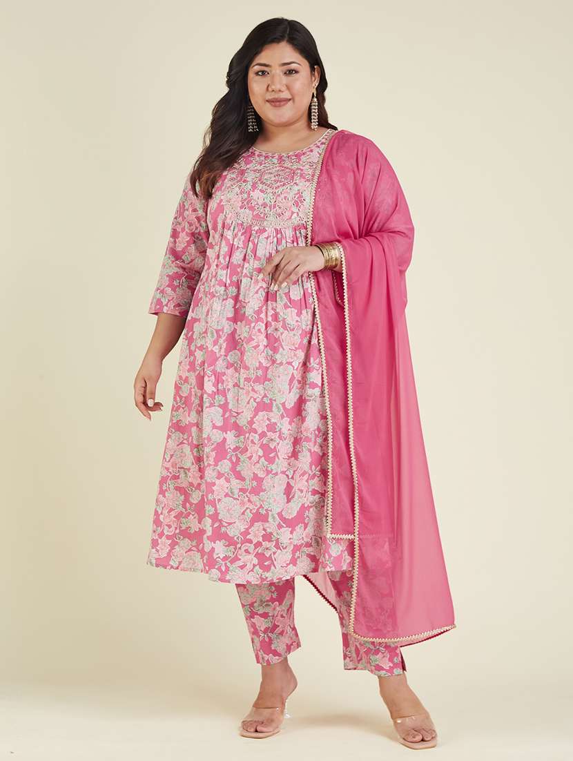 women floral three quarter sleeve kurta pant with dupatta set