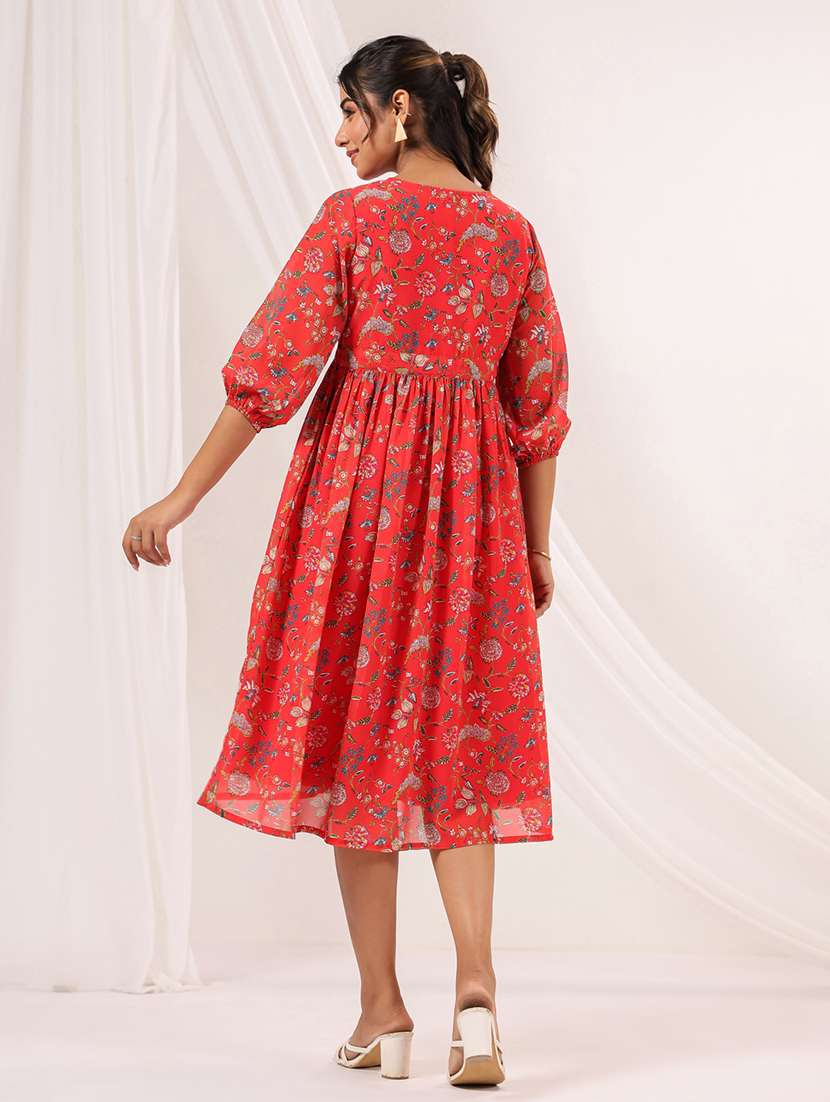 women printed puff sleeve fit & flare dress - 22156351 -  Standard Image - 3