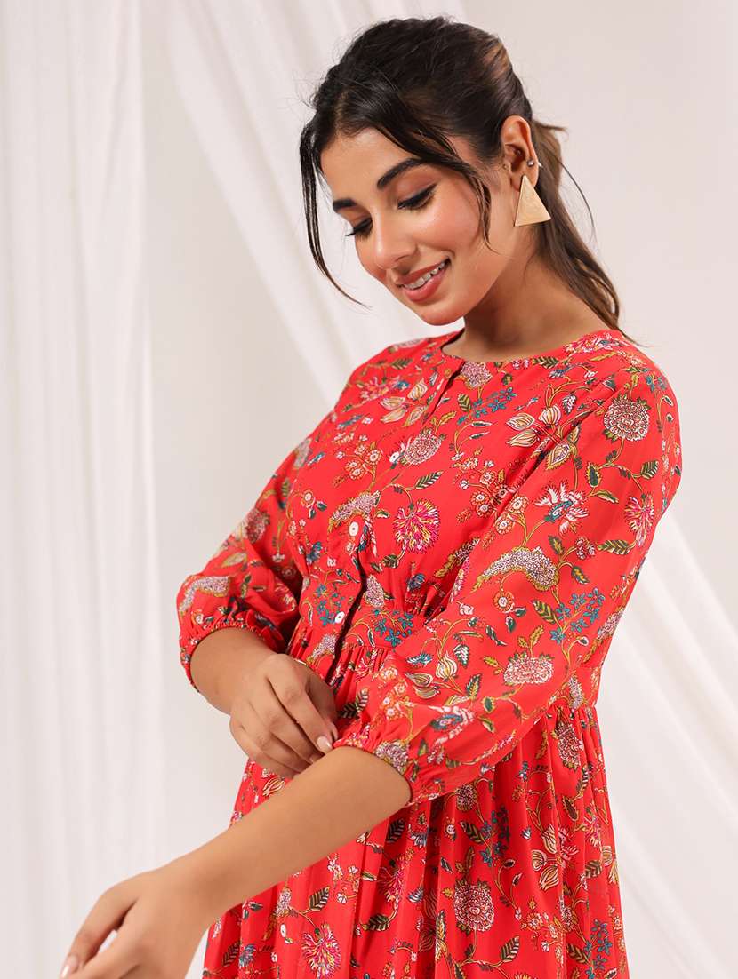 women printed puff sleeve fit & flare dress - 22156351 -  Standard Image - 5