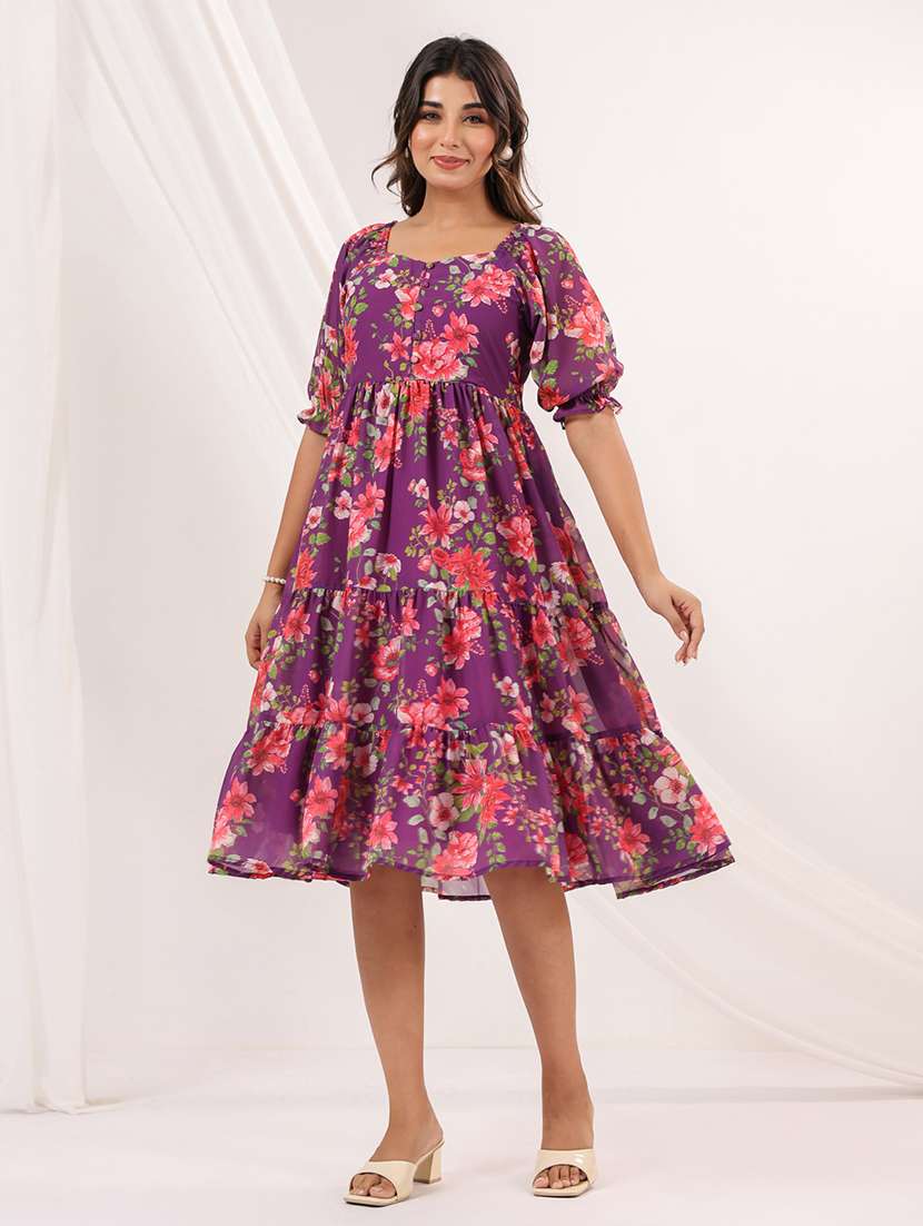 women floral print puff sleeve tiered dress