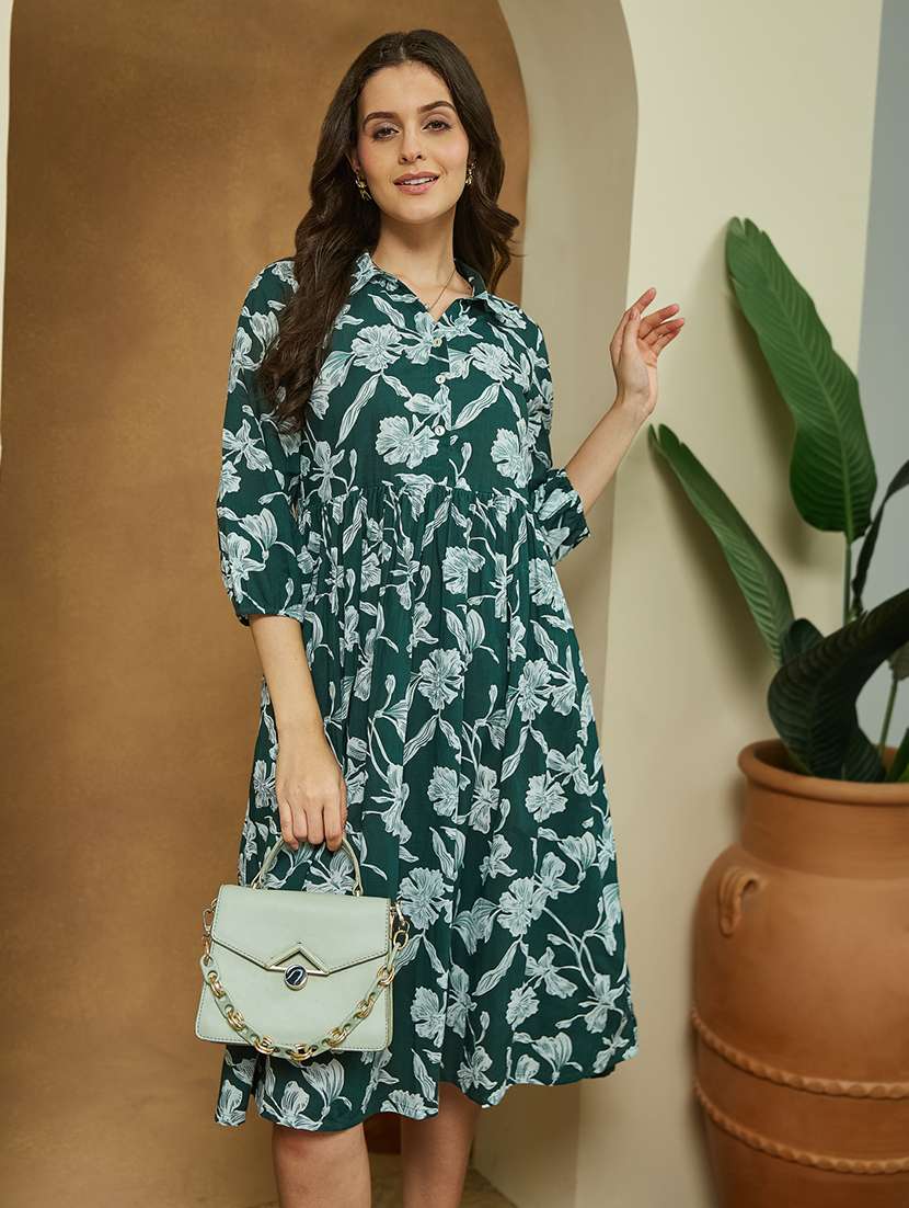 women floral print puff sleeve fit & flare dress