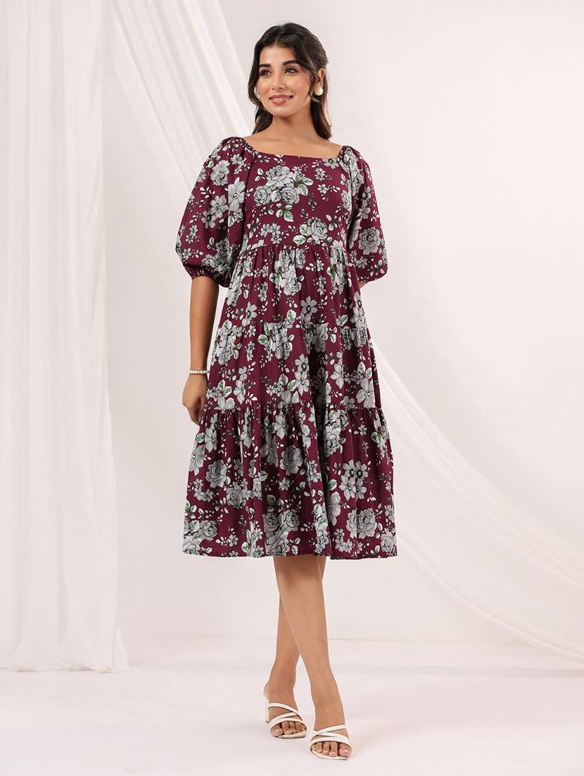 women floral printed puff sleeve tiered dress - 22156365 -  Standard Image - 3