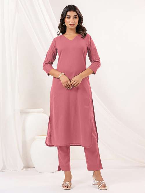 women solid three quarter sleeve kurta pant set - 22156372 - Standard Image - 0