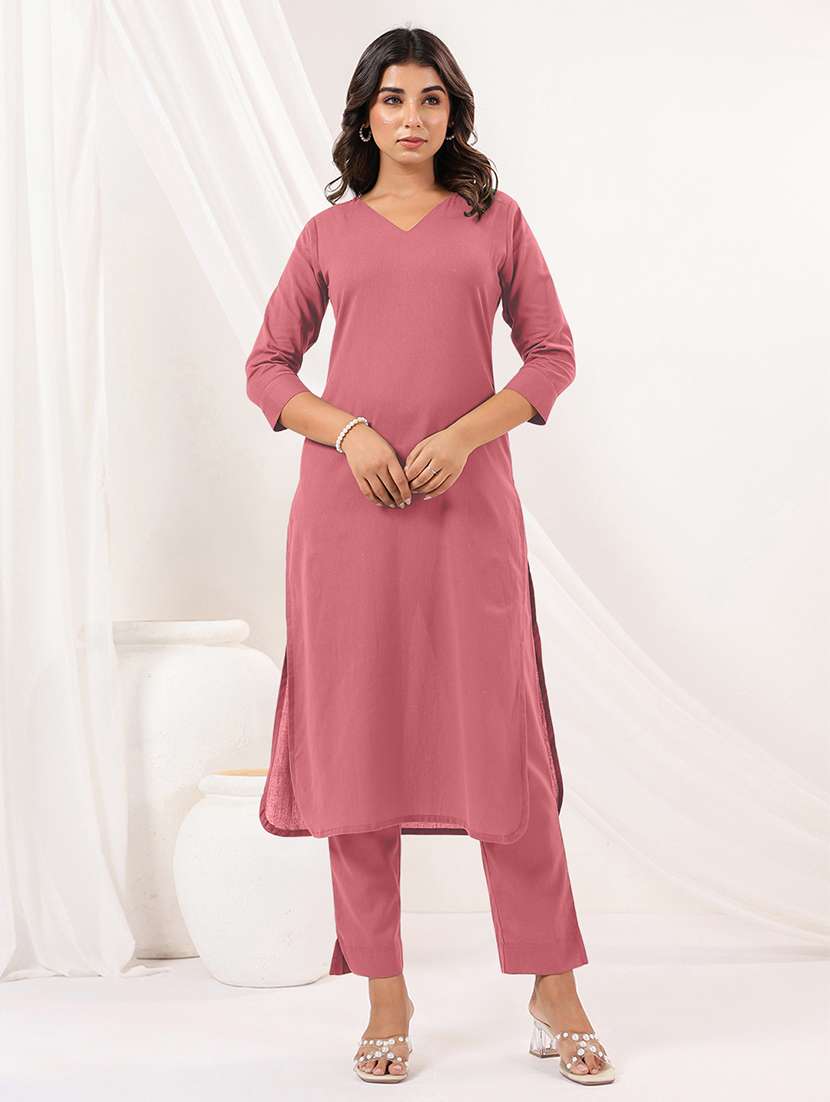 women solid three quarter sleeve kurta pant set - 22156372 - Zoom Image - 0