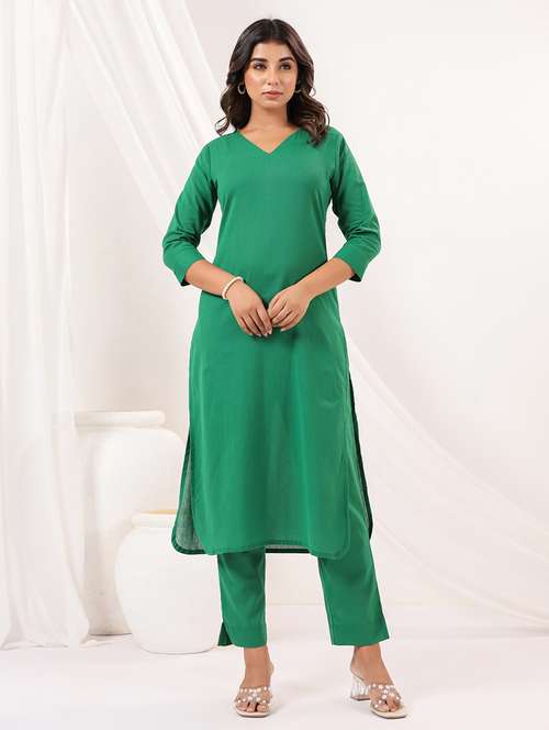 women solid three quarter sleeve kurta pant set - 22156373 - Standard Image - 0