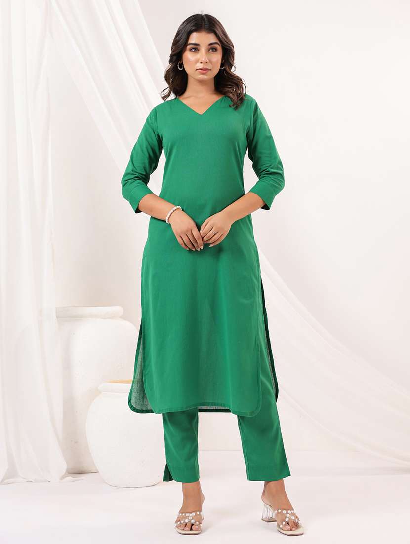 women solid three quarter sleeve kurta pant set - 22156373 - Zoom Image - 0