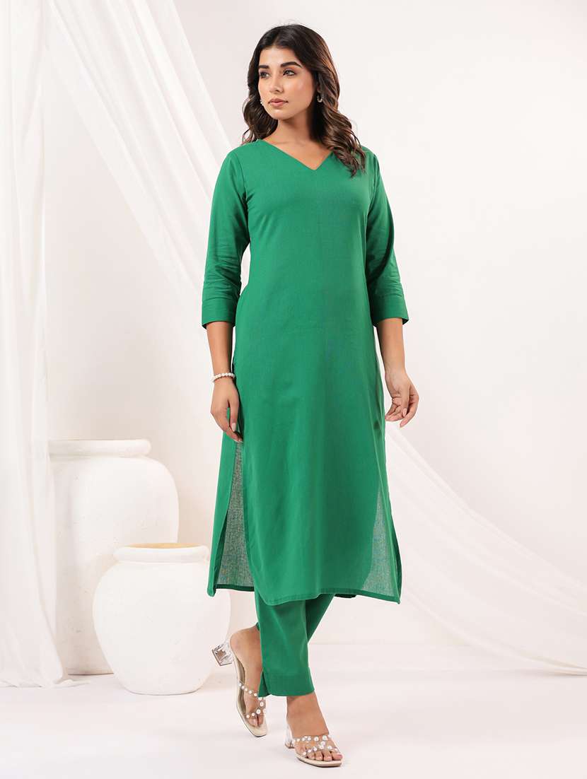 women solid three quarter sleeve kurta pant set - 22156373 - Standard Image - 3