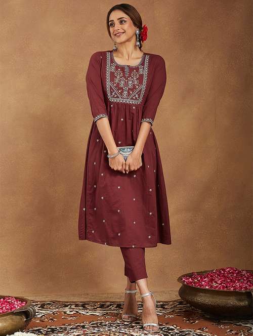 women embroidered three quarter sleeve kurta pant set - 22156374 - Standard Image - 0