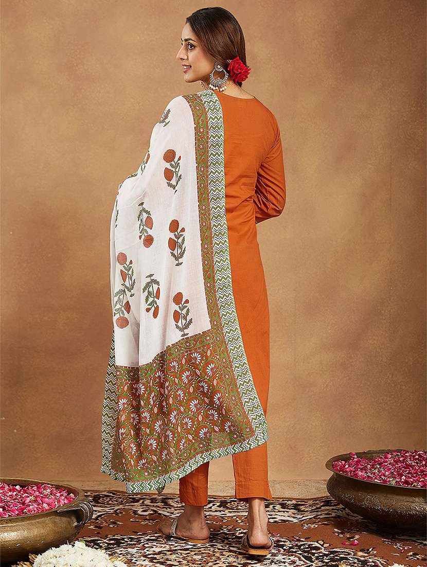 women solid three quarter sleeve kurta pant with dupatta set - 22156383 - Standard Image - 5