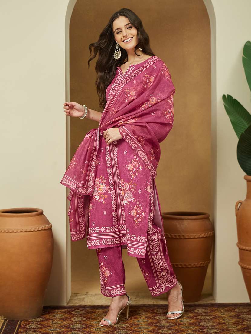 women floral three quarter sleeve kurta pant with dupatta set - 22156384 - Standard Image - 3